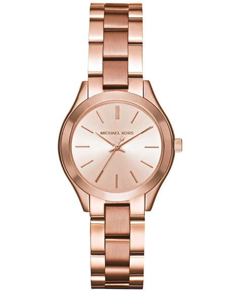 michael kors mini slim runway rose goldtone three hand watch|Michael Kors Mini Slim Runway Stainless Steel Watch.